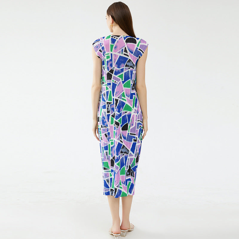 Printing and Dyeing Dress Pleated round Neck Sleeveless Contrast Color Square Mid-Length Dress