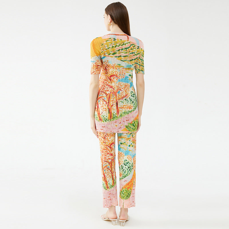 Elegant Tree Painted Printed Small V-neck Short-Sleeved Top Women's Casual Trousers Pleated Suit Women's