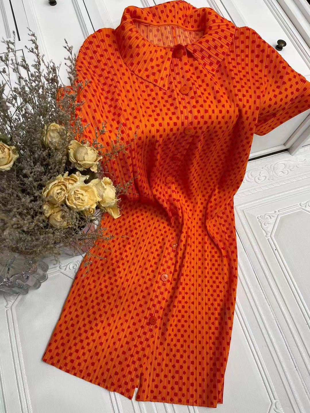 Printing Mesh Red Wave Point Lapel Button Cardigan Outer Wear Cardigan Dress and Coat