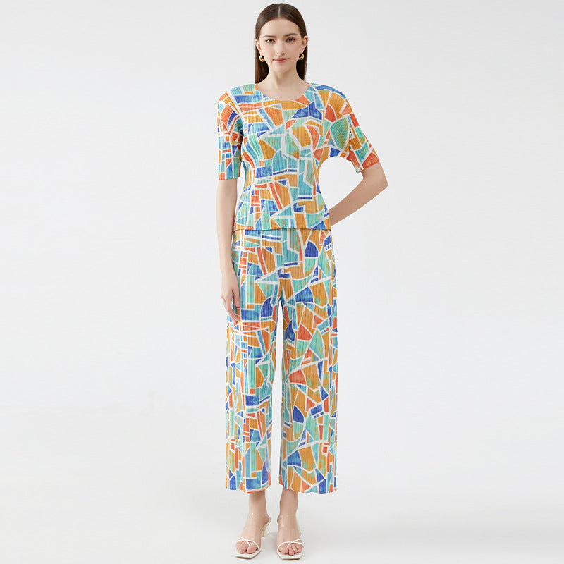 Pleated Suit round Neck Short Sleeve Loose Printing and Dyeing Casual Trousers Elegant Square Two-Piece Set for Women