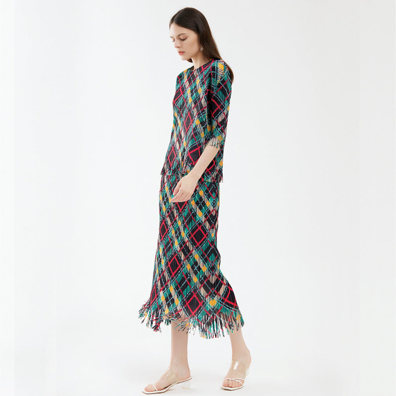 Casual Rhombus Suit Design Blouse Tassel A- line Skirt Women's Two-Piece Set