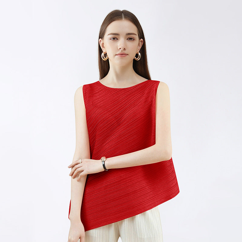 Simple and Irregular round Neck All-Matching Top Sleeveless Solid Color Female in Stock