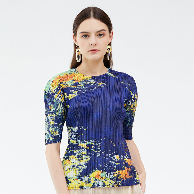 Niche Starry Sky Printed Top round Neck All-Matching T-shirt Female Summer Underwear Blouse