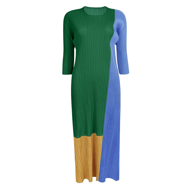 Contrast Color Long Sleeves Dress Women's Design Sense Patchwork Long Dress