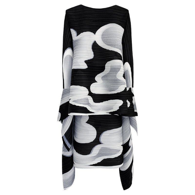Irregular Black and White Set Loose round Neck Long Sleeve T-shirt Skirt Two-Piece Set for Women