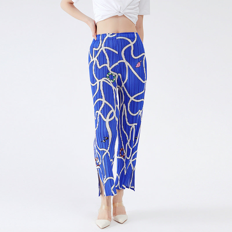 Pants Women's Straight-Leg Pants Long Women's Elegant Pleated Print Line Casual Style Trousers