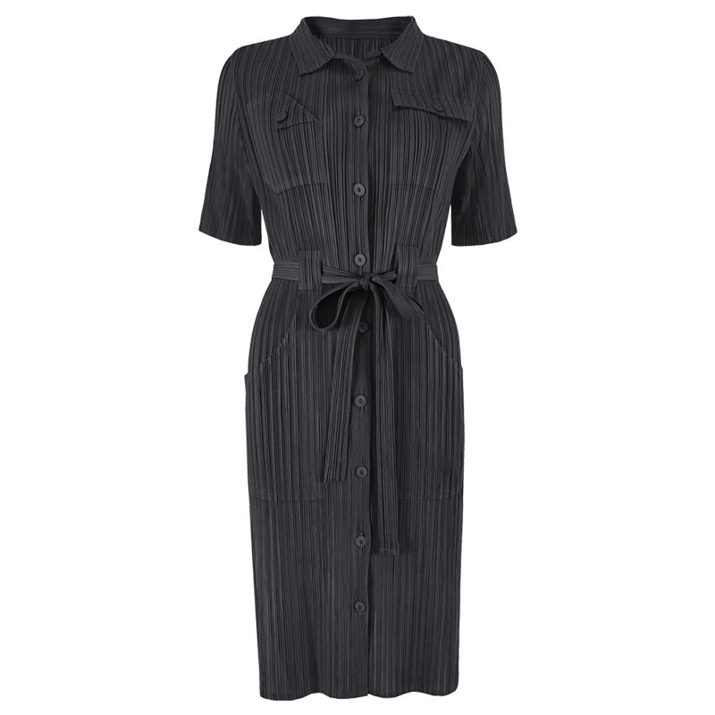 Plus Size Dress Slim Waist Solid Color Pleated Lapel Mid-Length