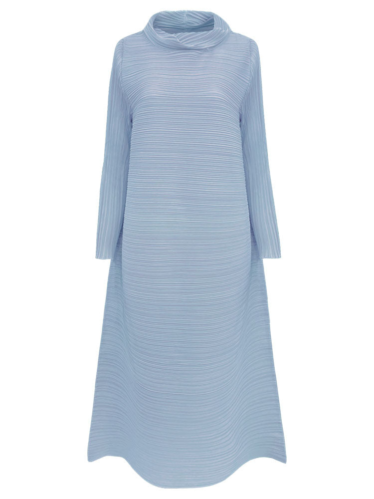 Scarf Collar Dress Women's Loose Long Sleeve Solid Color A- line Midi Dress