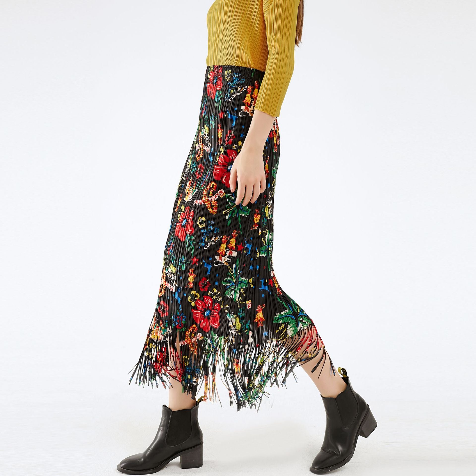 Floral Skirt Elastic Waist All Match Retro Style Pleated Skirt Women's Mid-Length Dress