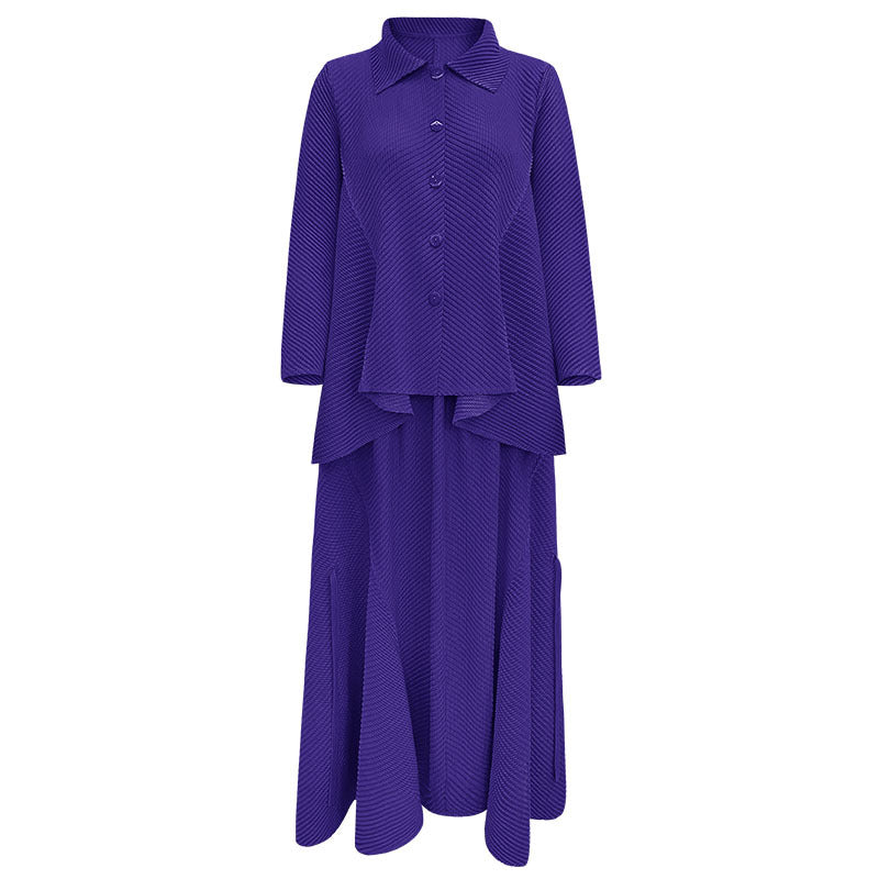 Scale Pleated Autumn Solid Color Loose Long Sleeves Lapel Irregular Top Wide Leg Skirt Two-Piece Set