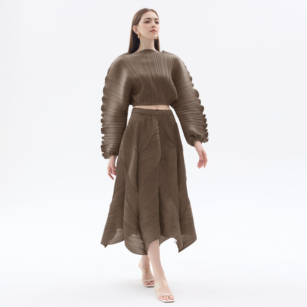 Pleated Suit Solid Color Design Long Sleeve Short Top Bubble Skirt Casual Two-Piece Suit