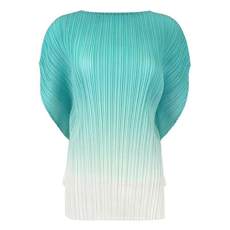 Gradient Color Short-Sleeved T-shirt Women's Simple Style Small Loose All-Match round Neck Pleated Top