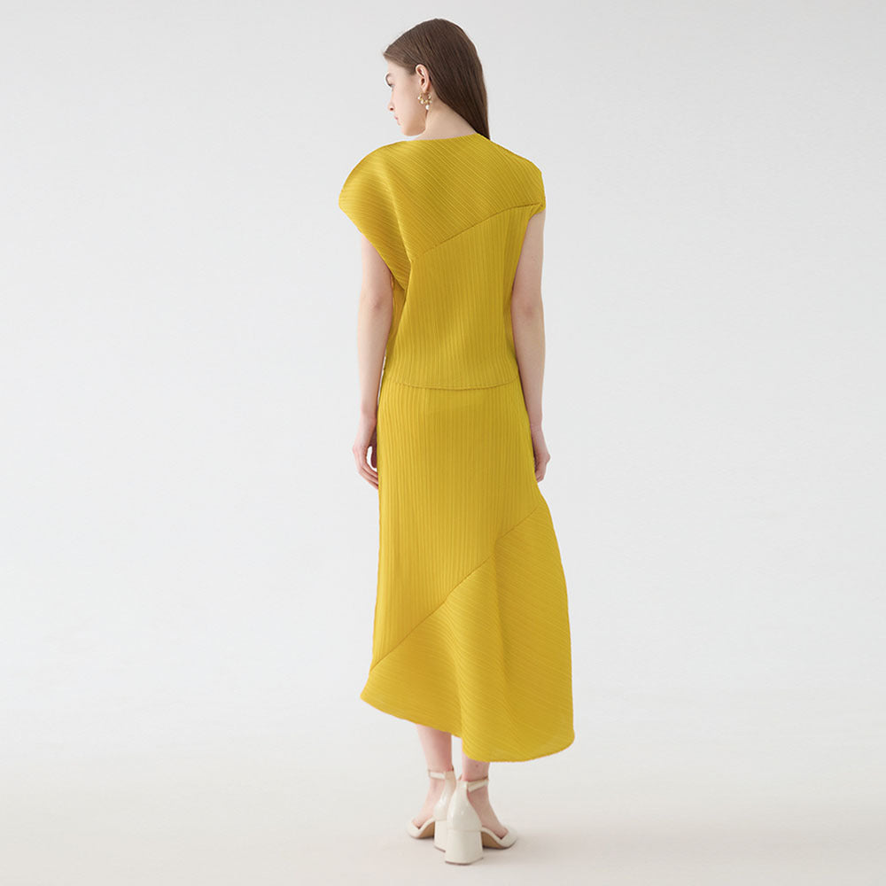 Folding round Neck Sleeve Top Casual Irregular Skirt Solid Color Two-Piece Set for Women