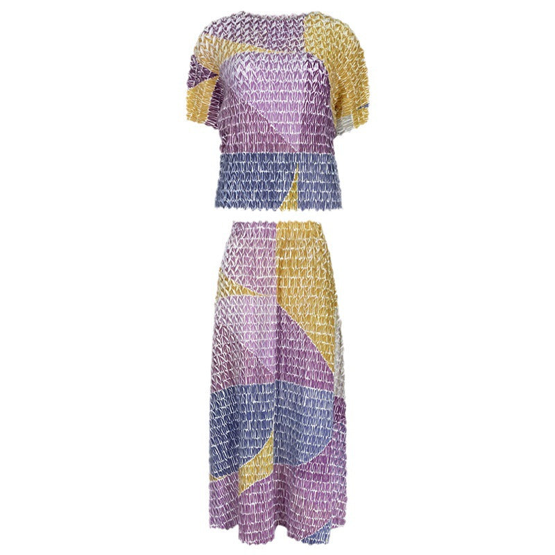 Contrast Color Top Suit Loose Casual Skirt Two-Piece Set for Women