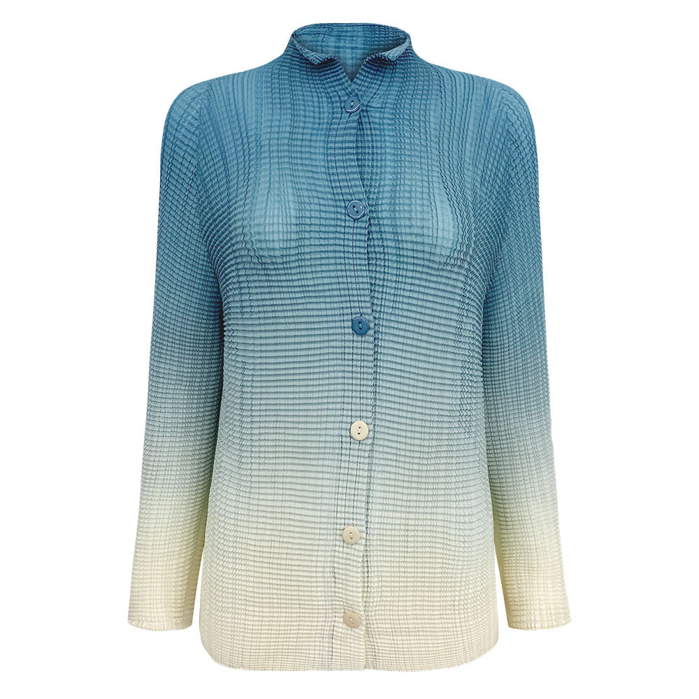 Gradient Pleated Chiffon Shirt Versatile Casual Small Open Collar Sweet Slimming Long Sleeve Printed Top for Women