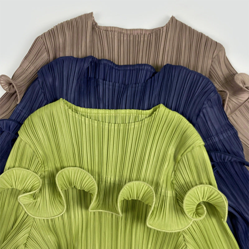 Pleated Slim Solid Color Long Sleeve Skirt plus Size Dress Women