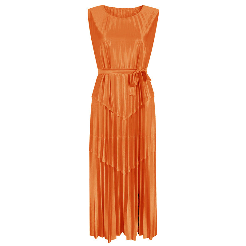 Heavy Satin Stitching Belt Dress Female Temperament Forged Silk Glossy Sleeveless Waist Trimming below the Knees