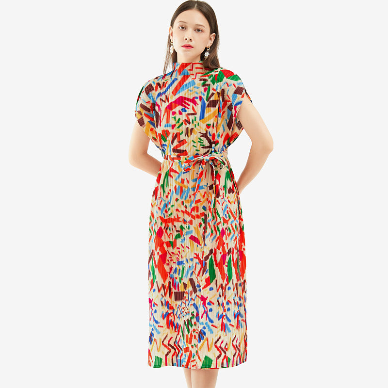 Printed Mid-Length Dress Women's Personalized Graffiti Elastic Waist Slim-Fit Pleated Skirt Women's