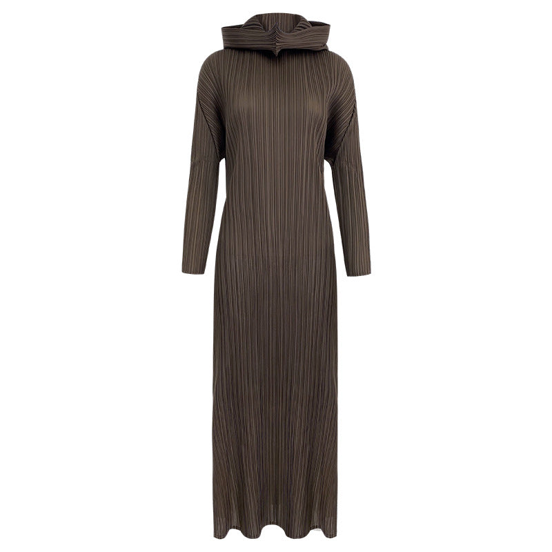 Pleated A- line Dress Solid Color Long Sleeve Slim-Fit Hood Dress Winter Women's Design Sense
