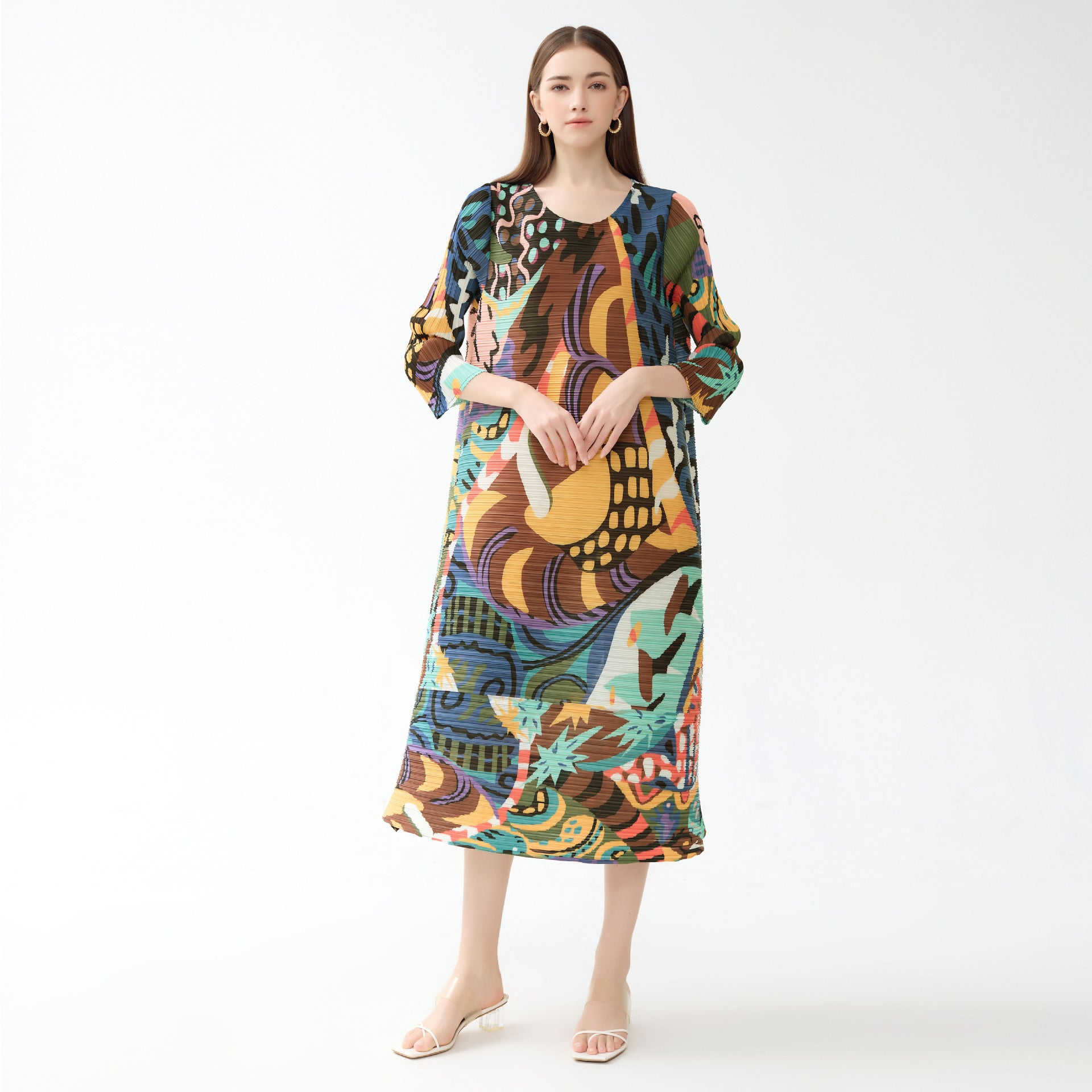 Color Painting plus Size Dress round Neck Long Sleeve A- line Skirt