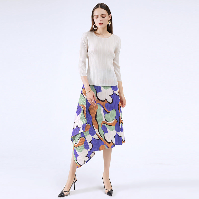 Pleated Skirt Commute Style Type a Mid-Length Summer Printed Pleated Skirt for Women