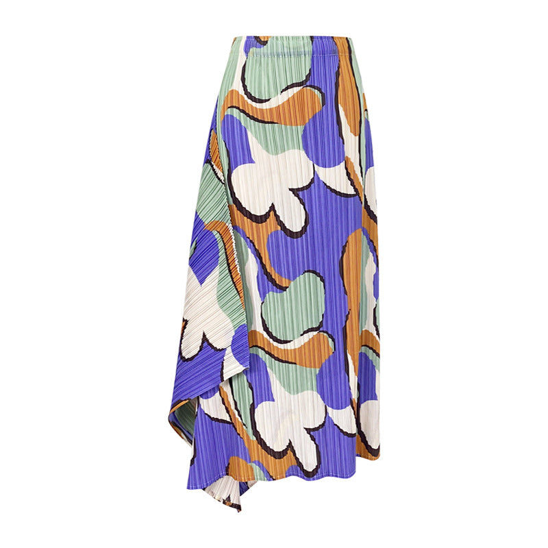 Pleated Skirt Commute Style Type a Mid-Length Summer Printed Pleated Skirt for Women