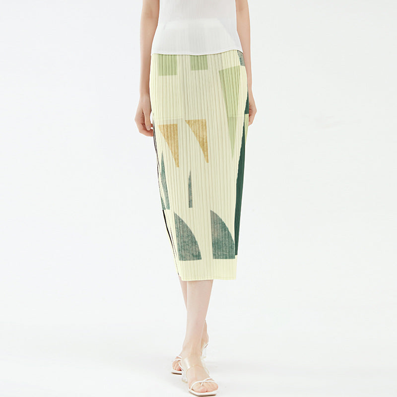 Printed Skirt Geometric Design Straight Pleated Skirt Women's Hip-Wrapped Skirt
