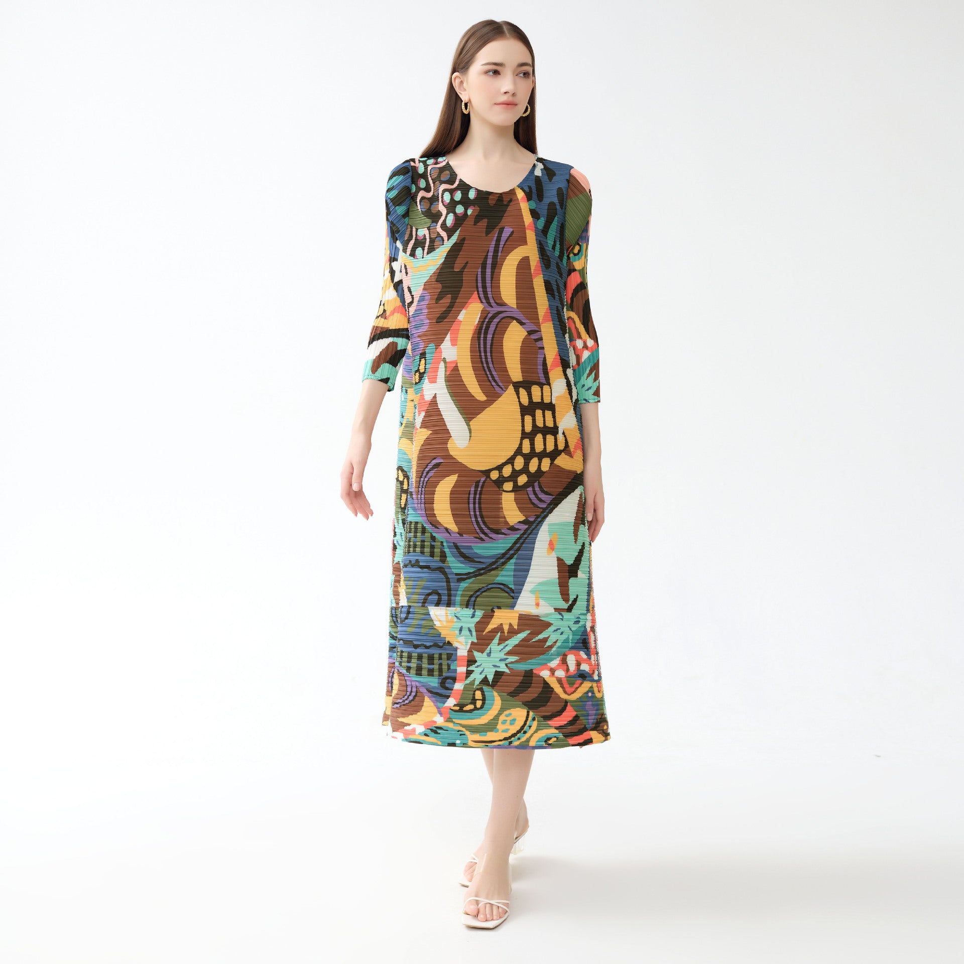 Color Painting plus Size Dress round Neck Long Sleeve A- line Skirt