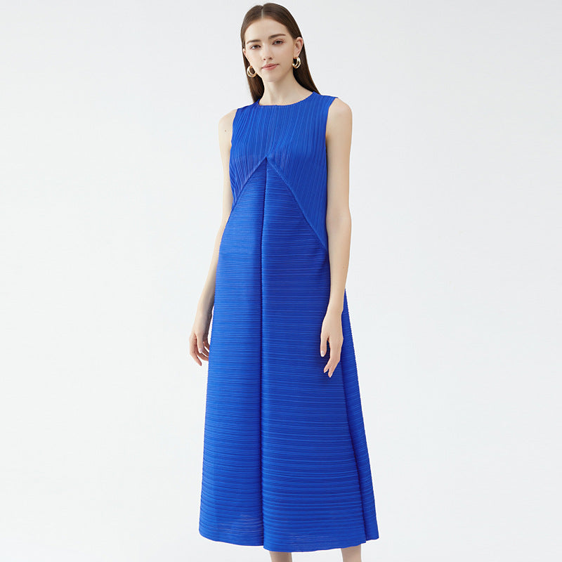 Loose Design Sleeveless Draping Elastic Skirt Folding Long Pleated Casual Dress