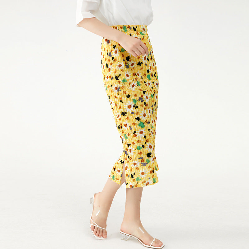 Mid-Waist Skirt Mid-Length Slimming Women's Fold Floral Long Skirt Summer Skirt