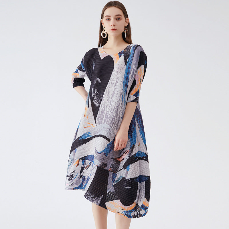 Printed round Neck Pleated Dress Light She Design Taste Half Sleeves Loose Large Swing Skirt