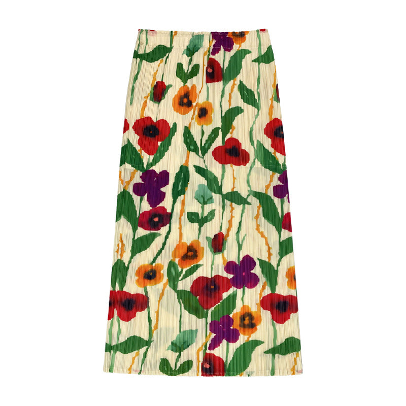 Printed Skirt Women's Summer and Autumn Waist Slit A- line Skirt Slimming Hip Skirt for Women