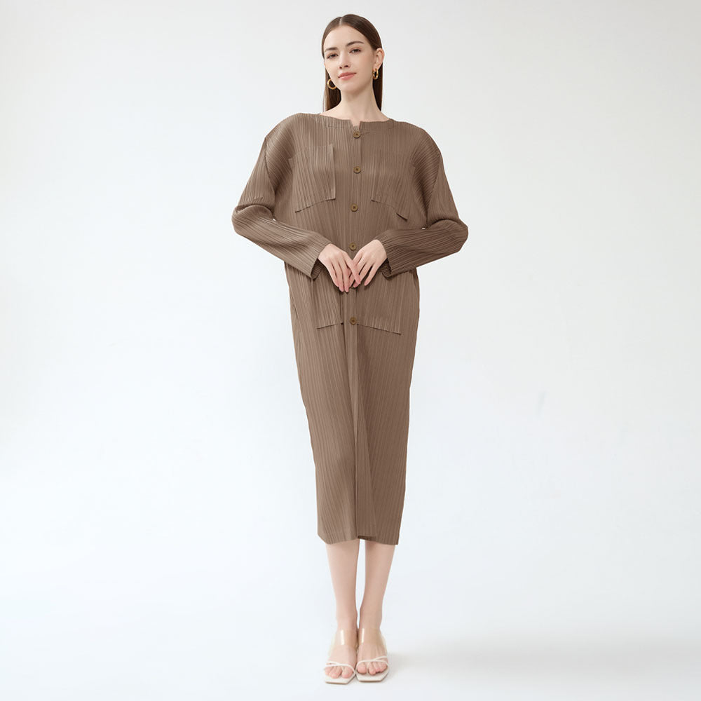 Pleated round Neck Long Sleeve Single-Breasted Slim Pocket Skirt Winter Women's Solid Color Dress