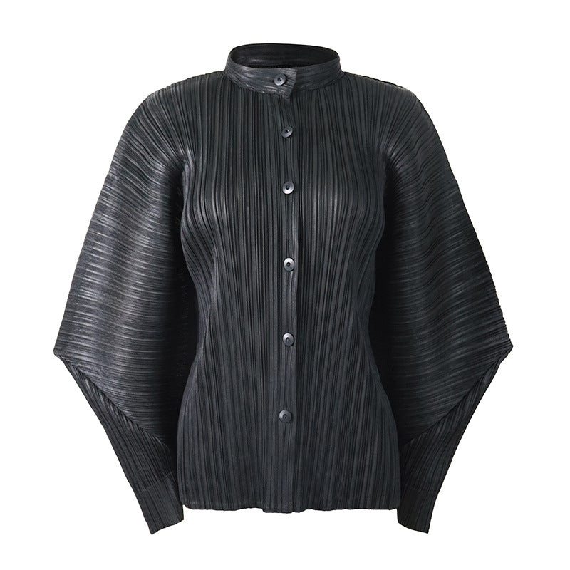 Batwing Long Sleeve Stand Collar Top Loose Slimming Shirt Cardigan Buckle Niche Horn Style