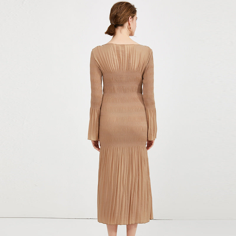 Season Bell Sleeve Dress Slim Fit Slimming Wide Collar Midi Dress