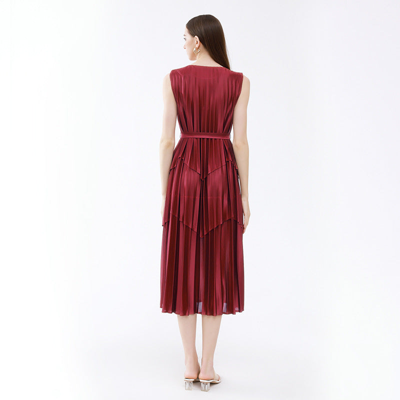 Heavy Satin Stitching Belt Dress Female Temperament Forged Silk Glossy Sleeveless Waist Trimming below the Knees