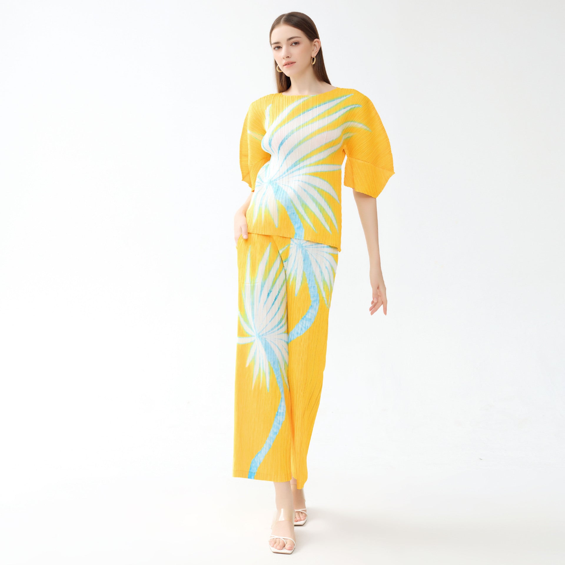 Printed 3/4 Sleeves Straight-Leg Pants Slim Fit Casual Two-Piece Suit