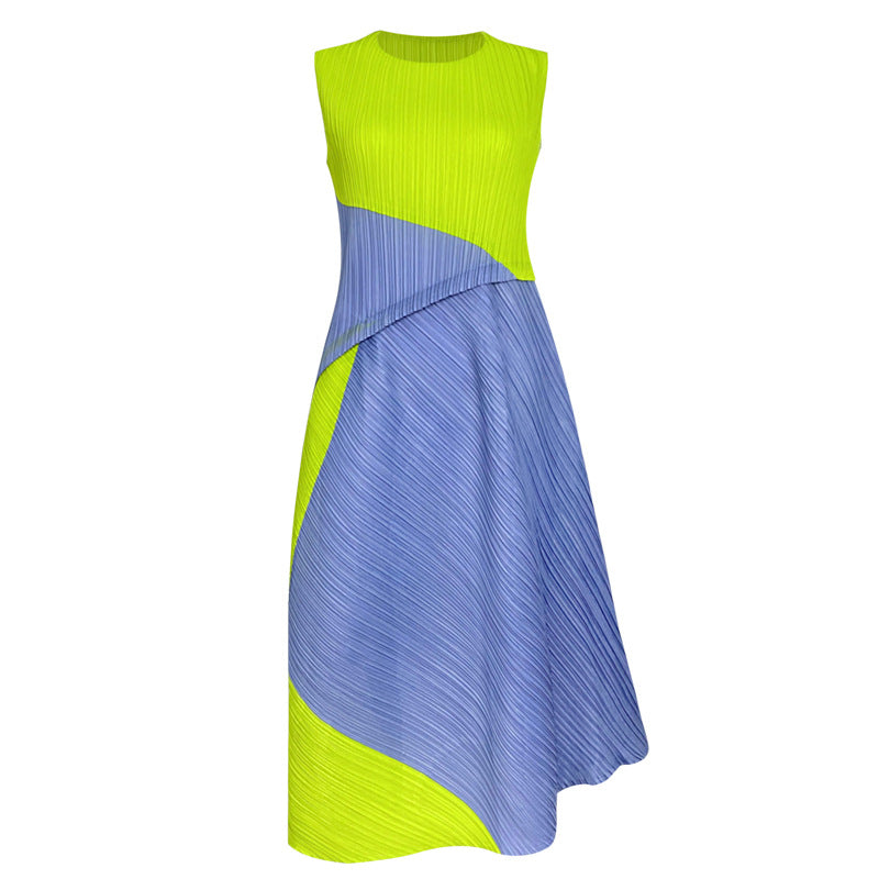 round Neck Sleeveless Dress Contrast Color Waist Stitching Loose and Irregular Long Dress for Women