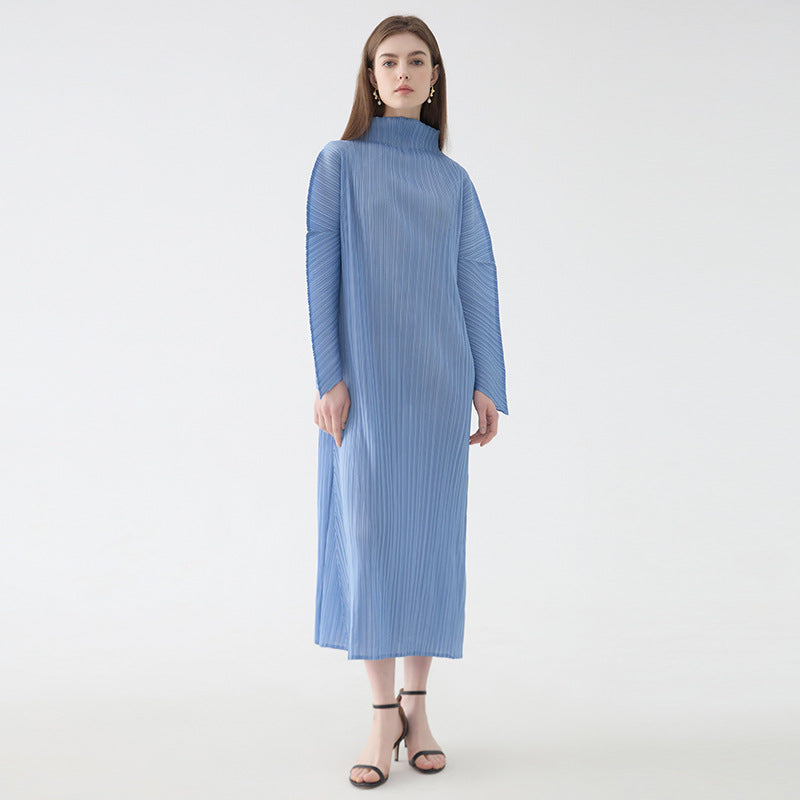 Graceful Collar Folding Sleeve Solid Color Dress Women's Mid-Length Simple Loose Pleated A- line Skirt