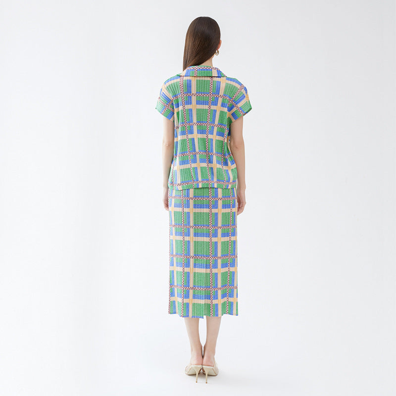 Pleated Lapel Short Sleeve Temperament Printed Single-Breasted Shirt Outfit Skirt Two-Piece Suit