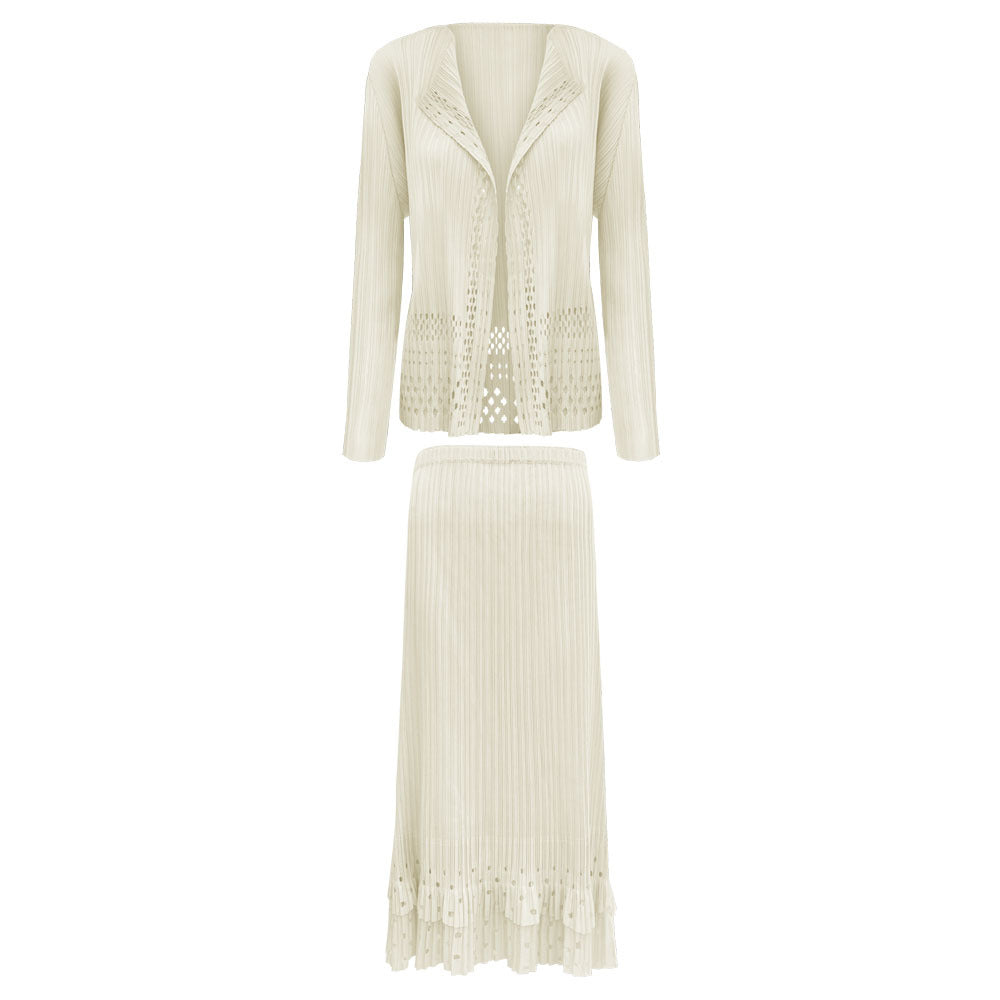 Casual Hollow-out Apricot Long Sleeve Cardigan Jacket Chanel's Style Skirt Women's Two-Piece Set