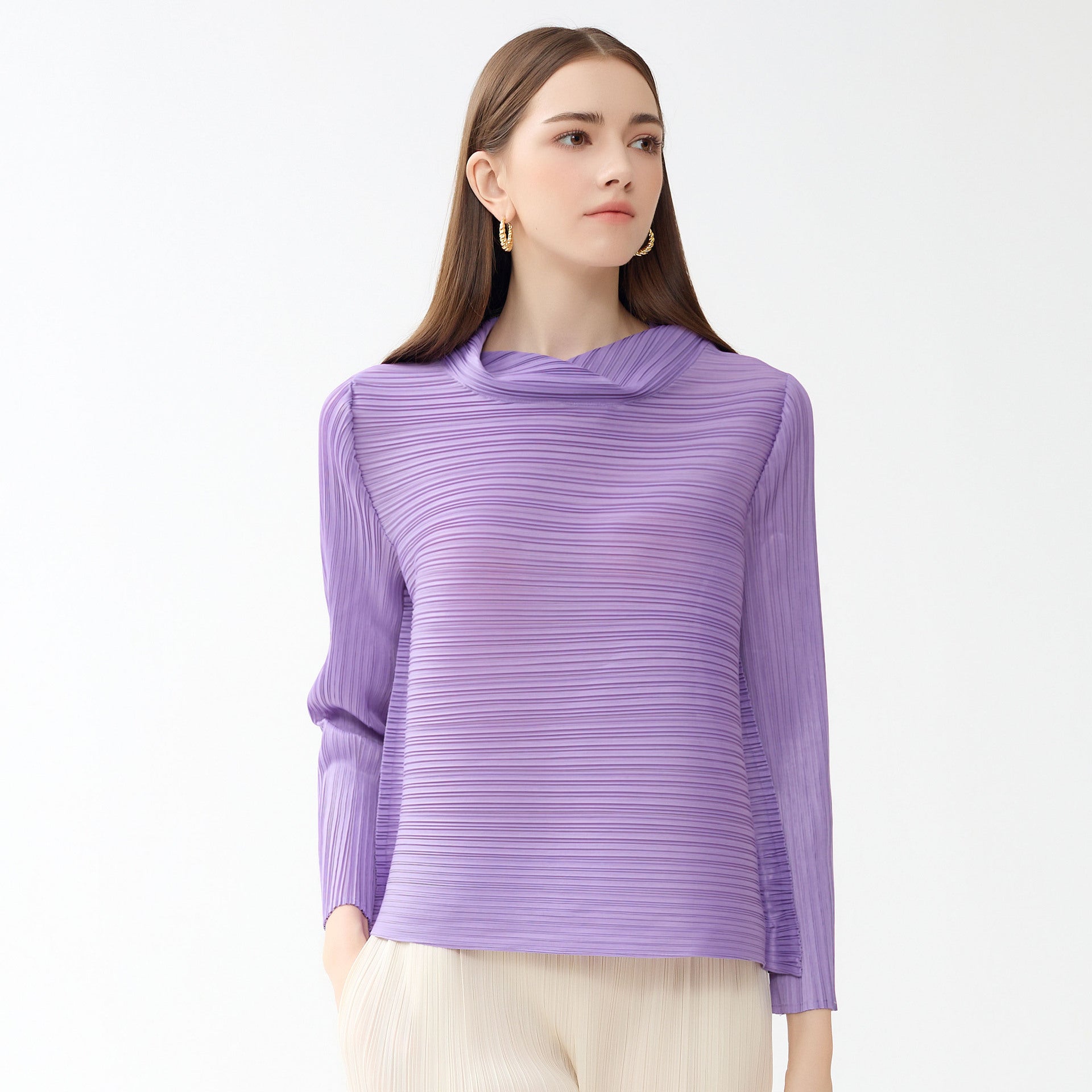 Long Sleeve A- line Scarf Collar Slim-Fit Solid Color plus Size T-shirt