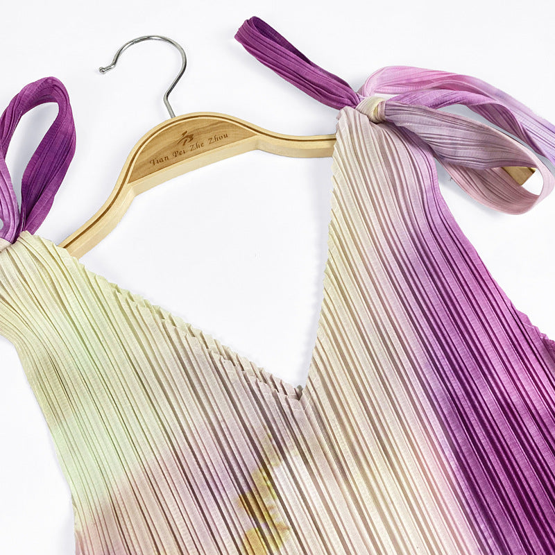 Casual Style Casual V-neck A- line Skirt Ink Painting Printed Lace up Dress Women