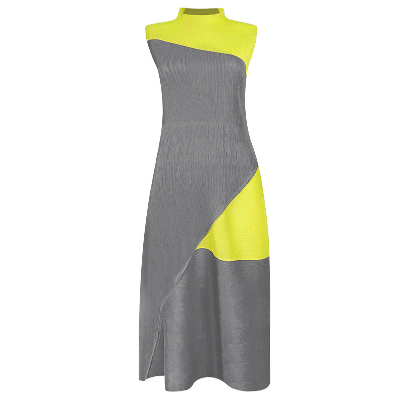 Contrast Color Half Collar Dress Female Dignified Sense of Design Patchwork Skirt