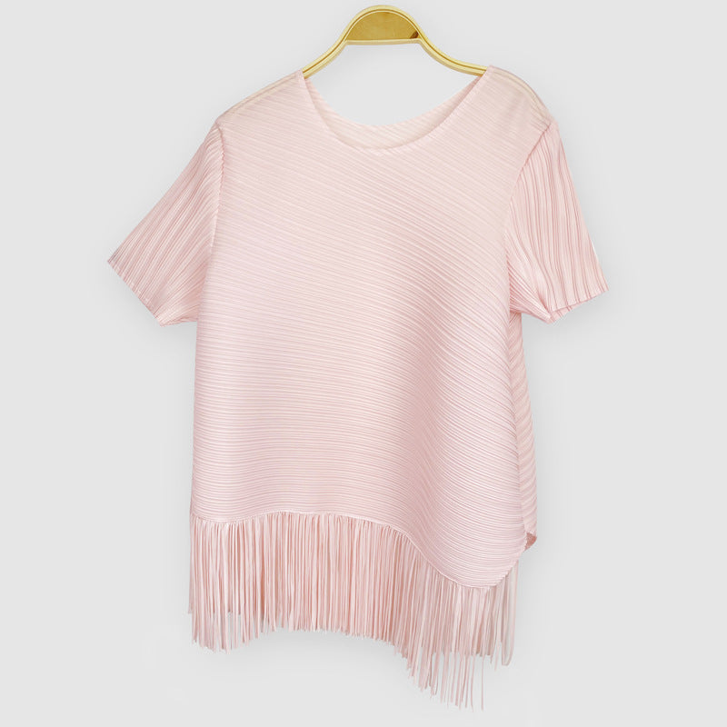 Pleated Design Solid Color Tassel Short-Sleeved Top Waist Trousers Suit Women Two-Piece Suit