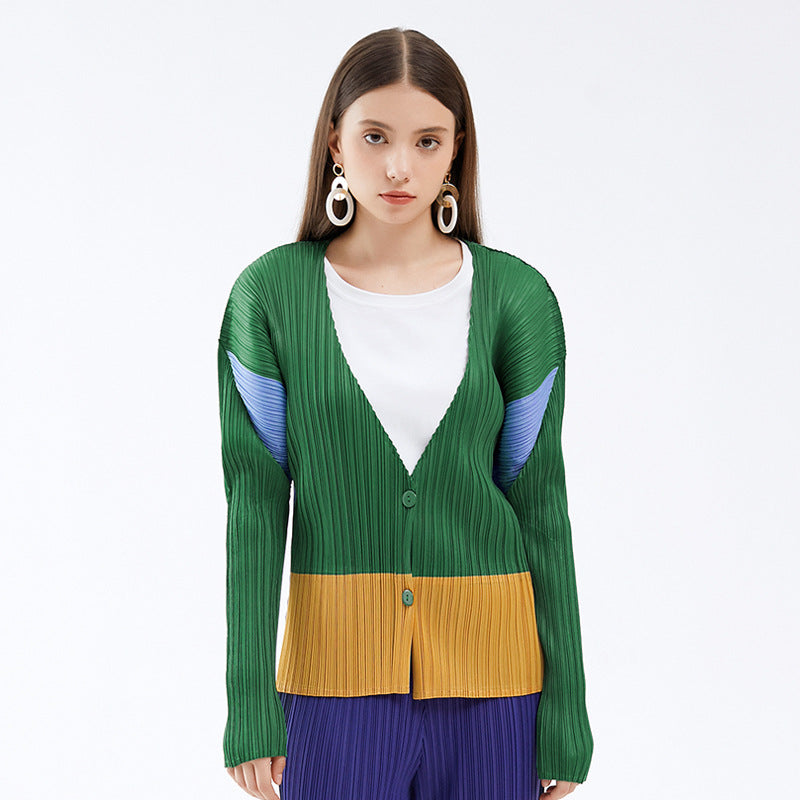 Color Contrast Patchwork Cardigan Long Sleeve Loose Casual Jacket Women's Outer Wear