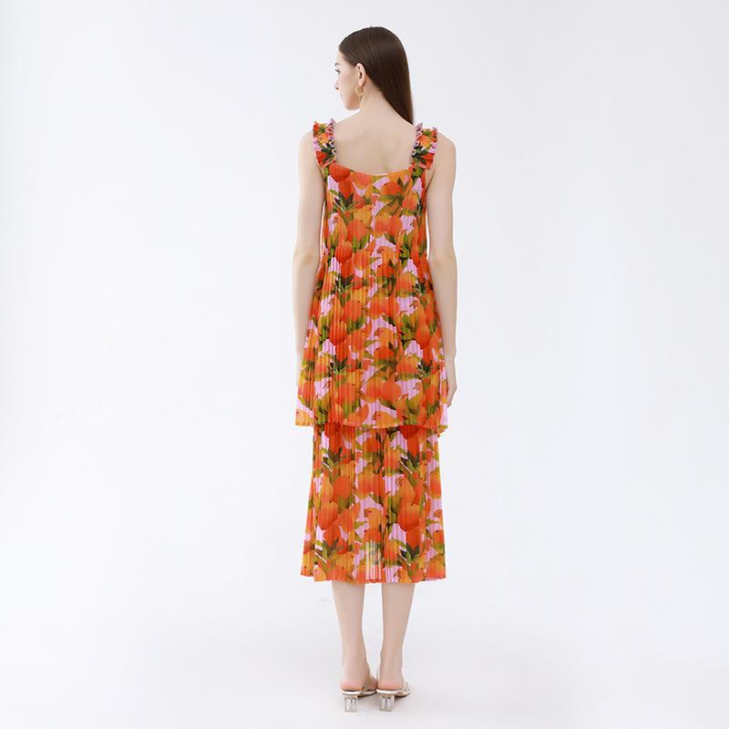 Double-Layer Pleated Sleeveless Anti-Wrinkle Orange Floral Strap Dress Vacation Style Dress
