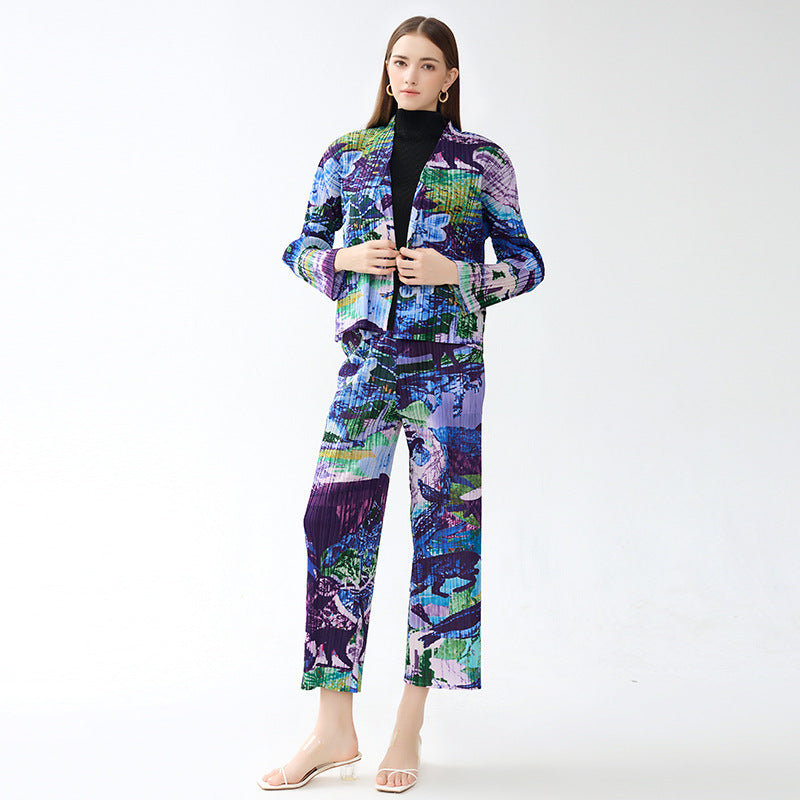 Nanyou Printed Painting Suit Long-Sleeved Jacket Straight Casual Pants Two-Piece Set