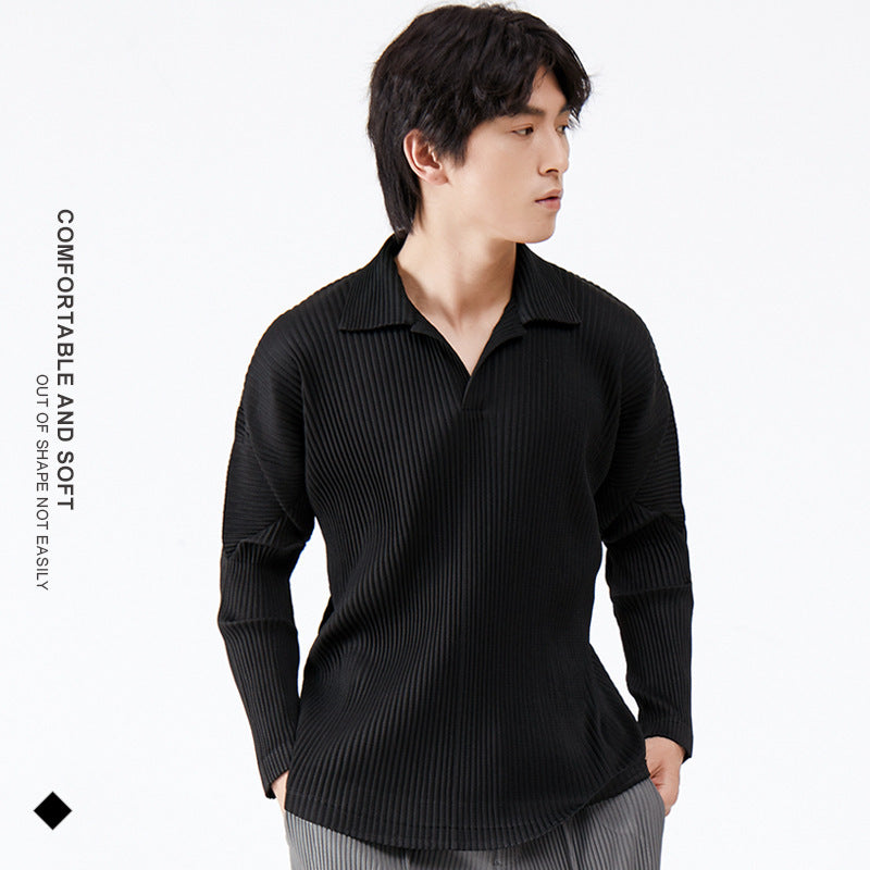 Men's Long-Sleeved Solid Color Collar T Casual Polo Collar Pleated Men's T-shirt