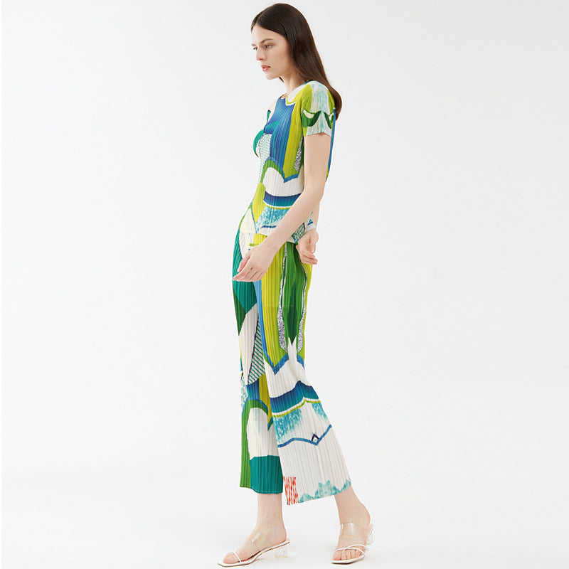 Casual Printing Suit Short-Sleeved Top Draped Pants Two-Piece Set for Women
